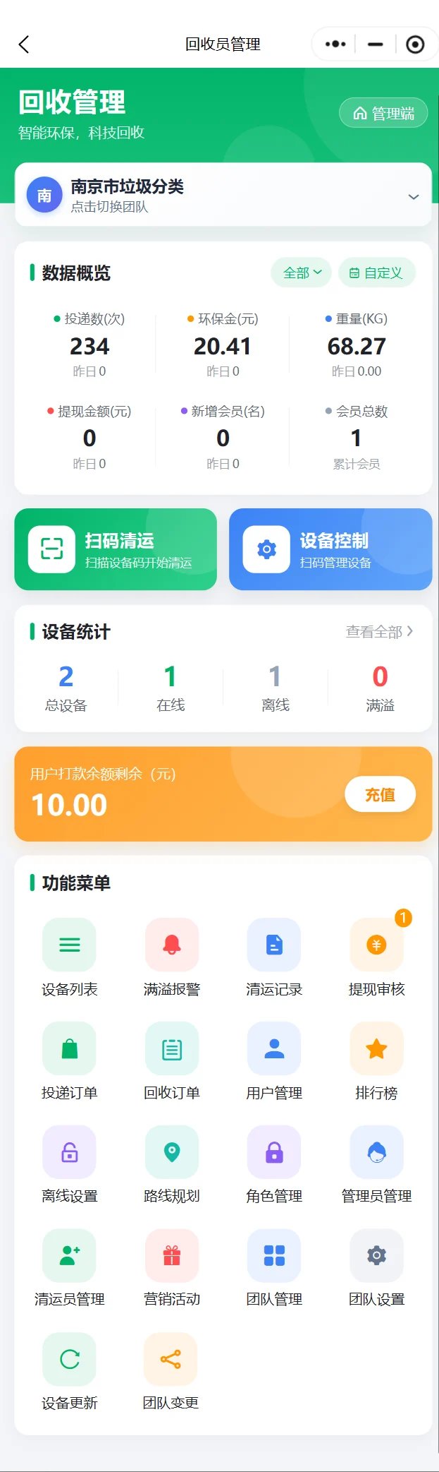 回收员管理：数据概览、扫码清运、设备统计与功能菜单